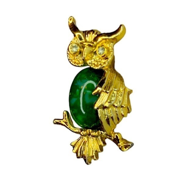 Gerry Jelly Belly Goldtone Owl Pin Faux Jade Owl Brooch Signed - Picture 1 of 6